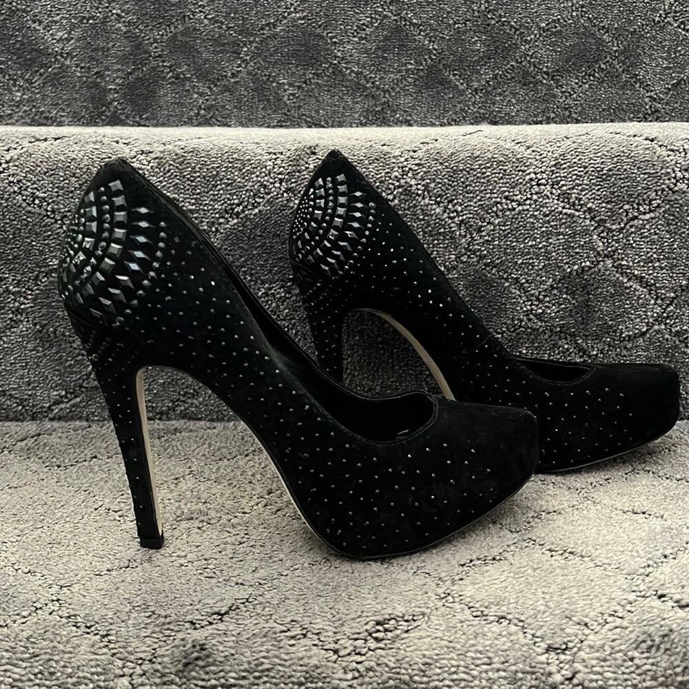 BCBG BG-Prism black suede studded platform pumps
